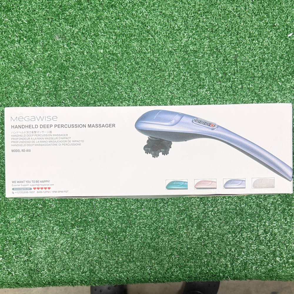 Blue Handheld Deep Percussion Massager with Multiple attachments & Speeds.